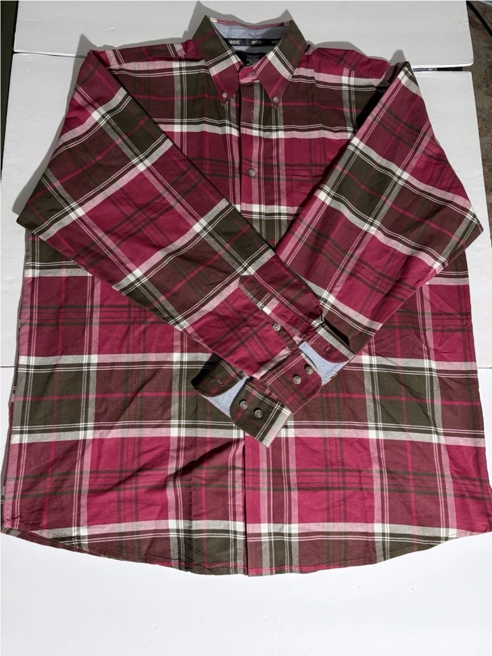 Wrangler Burgundy and Olive Plaid Button-Down Shirt